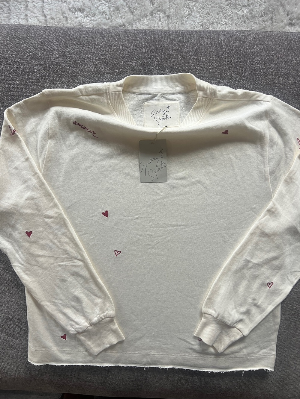 Grey State women’s Cream Long-Sleeve Tee with Pink Heart Accents